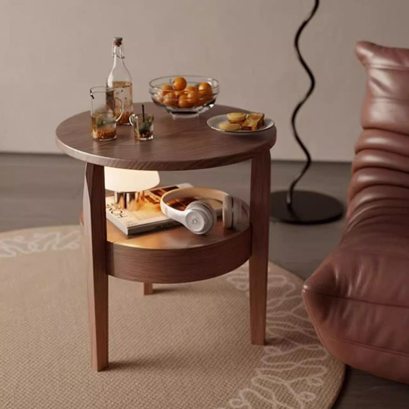 Traditioneller runder Couchtisch im Vintage-Stil aus Gummibaumholz, Paulownia-Holz und Sperrholz, 2 Ebenen, für das Wohnzimmer 