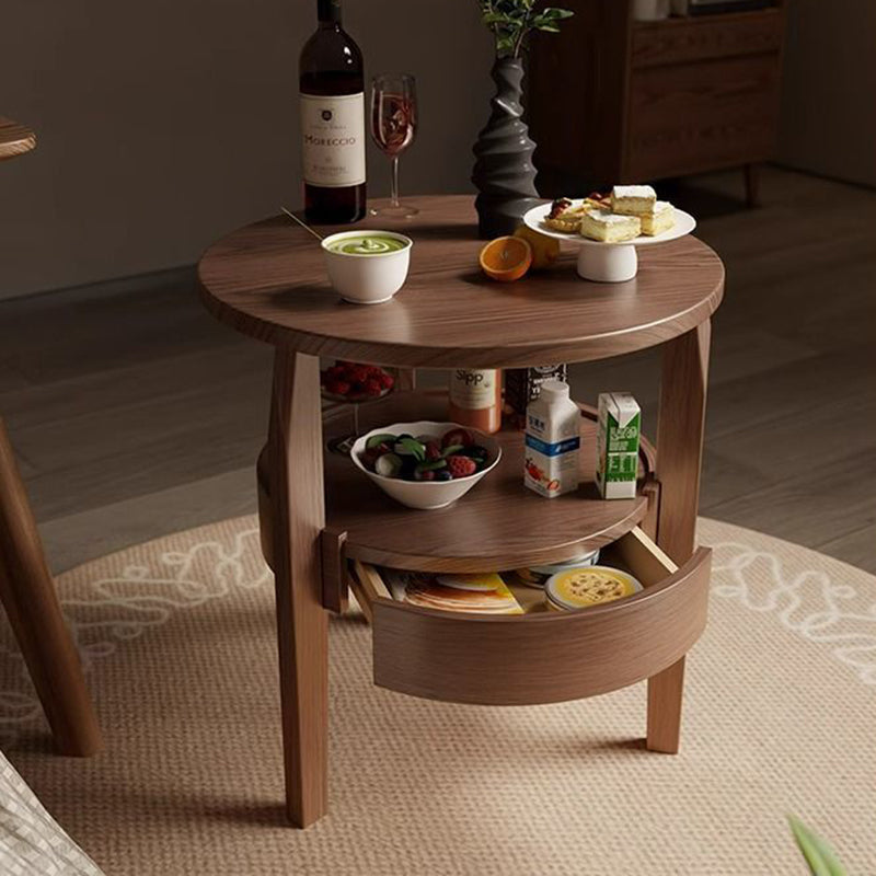 Traditioneller runder Couchtisch im Vintage-Stil aus Gummibaumholz, Paulownia-Holz und Sperrholz, 2 Ebenen, für das Wohnzimmer 