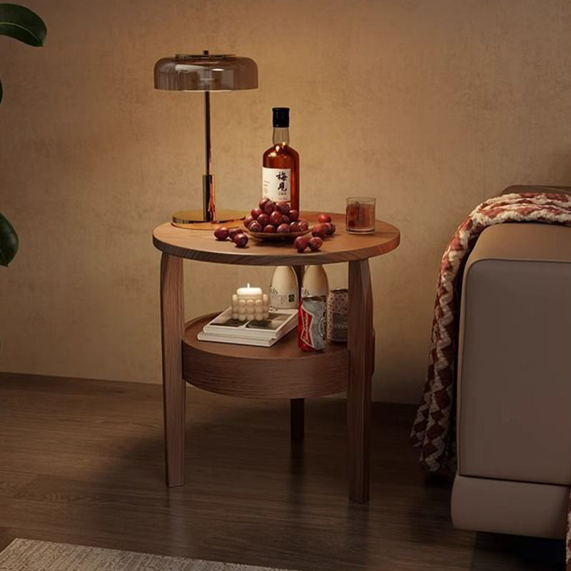 Traditioneller runder Couchtisch im Vintage-Stil aus Gummibaumholz, Paulownia-Holz und Sperrholz, 2 Ebenen, für das Wohnzimmer 