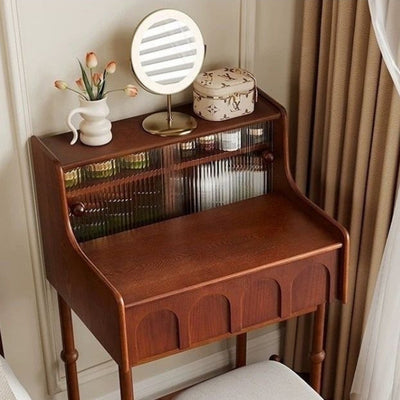 Traditional French Rectangular Pine Wood Ash Wood Solid Wood Plywood Velvet Makeup Vanity & Vanity Stool Set 2-Tier For Bedroom