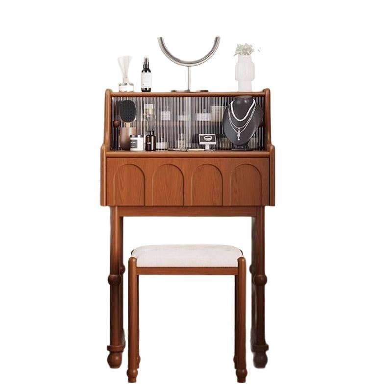 Traditional French Rectangular Pine Wood Ash Wood Solid Wood Plywood Velvet Makeup Vanity & Vanity Stool Set 2-Tier For Bedroom