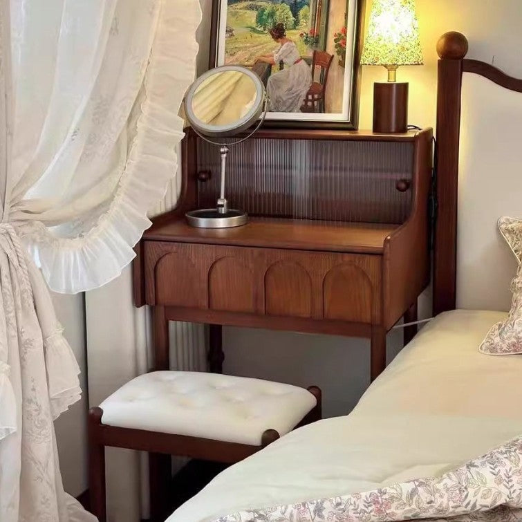 Traditional French Rectangular Pine Wood Ash Wood Solid Wood Plywood Velvet Makeup Vanity & Vanity Stool Set 2-Tier For Bedroom