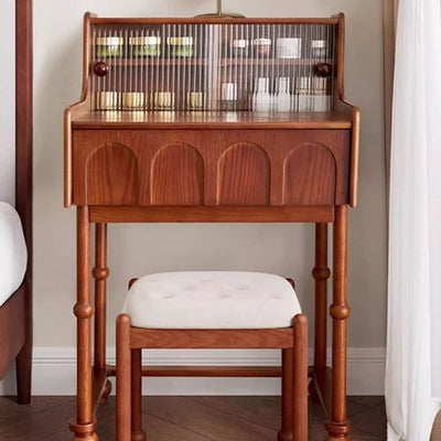 Traditional French Rectangular Pine Wood Ash Wood Solid Wood Plywood Velvet Makeup Vanity & Vanity Stool Set 2-Tier For Bedroom