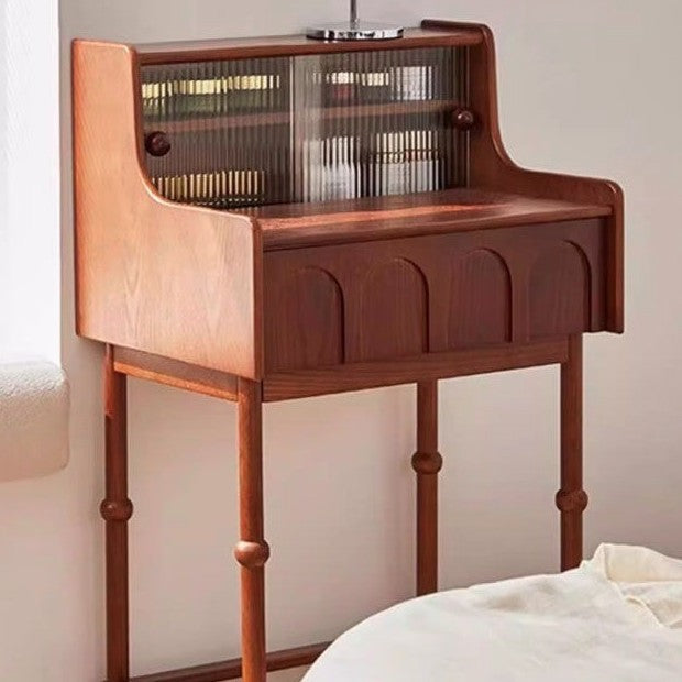 Traditional French Rectangular Pine Wood Ash Wood Solid Wood Plywood Velvet Makeup Vanity & Vanity Stool Set 2-Tier For Bedroom