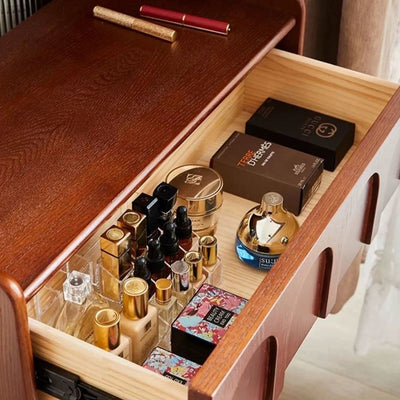 Traditional French Rectangular Pine Wood Ash Wood Solid Wood Plywood Velvet Makeup Vanity & Vanity Stool Set 2-Tier For Bedroom