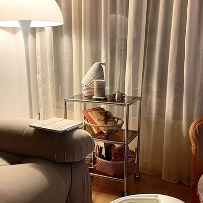 Modern Minimalist Square Rectangular Stainless Steel Glass End Table With Wheels 3-Tier Storage Rack For Living Room