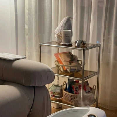 Modern Minimalist Square Rectangular Stainless Steel Glass End Table With Wheels 3-Tier Storage Rack For Living Room
