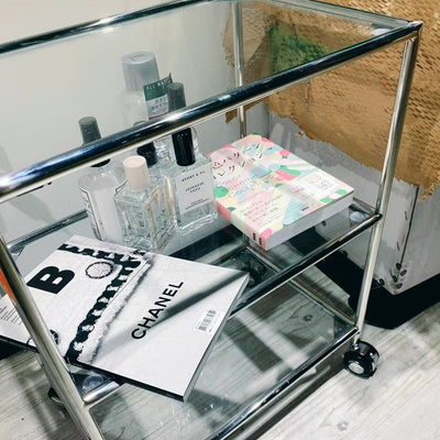 Modern Minimalist Square Rectangular Stainless Steel Glass End Table With Wheels 3-Tier Storage Rack For Living Room