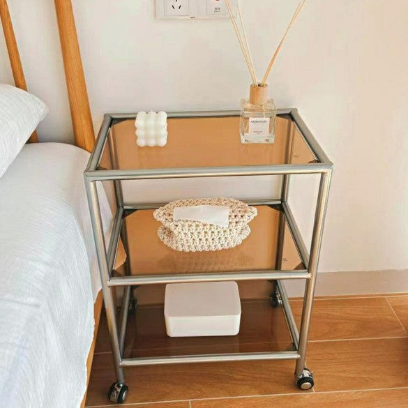 Modern Minimalist Square Rectangular Stainless Steel Glass End Table With Wheels 3-Tier Storage Rack For Living Room
