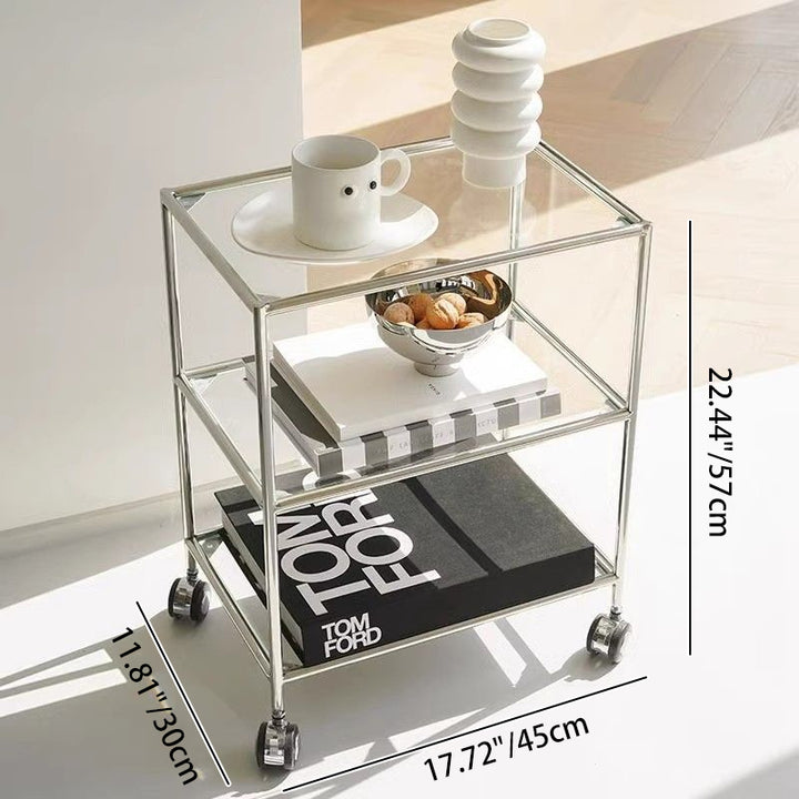 Moderner minimalistischer quadratischer rechteckiger Edelstahl-Glas-Beistelltisch mit Rädern 3-stufigem Ablageregal für das Wohnzimmer 