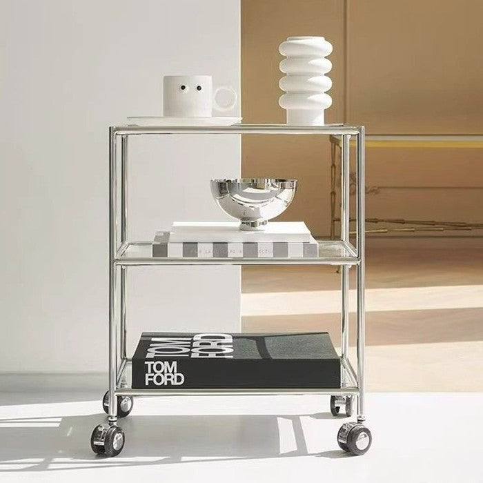 Modern Minimalist Square Rectangular Stainless Steel Glass End Table With Wheels 3-Tier Storage Rack For Living Room