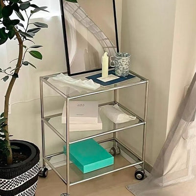 Modern Minimalist Square Rectangular Stainless Steel Glass End Table With Wheels 3-Tier Storage Rack For Living Room