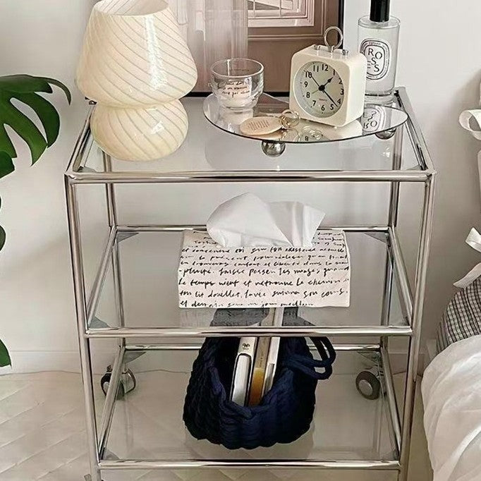 Modern Minimalist Square Rectangular Stainless Steel Glass End Table With Wheels 3-Tier Storage Rack For Living Room