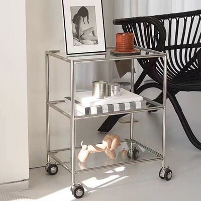 Modern Minimalist Square Rectangular Stainless Steel Glass End Table With Wheels 3-Tier Storage Rack For Living Room