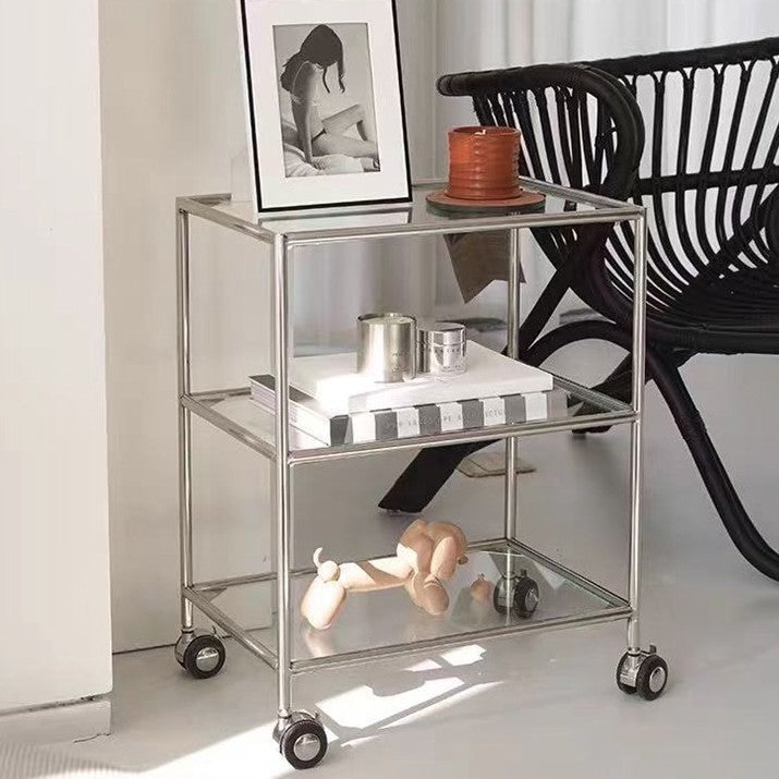 Modern Minimalist Square Rectangular Stainless Steel Glass End Table With Wheels 3-Tier Storage Rack For Living Room
