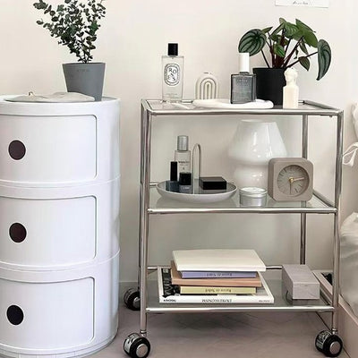 Modern Minimalist Square Rectangular Stainless Steel Glass End Table With Wheels 3-Tier Storage Rack For Living Room