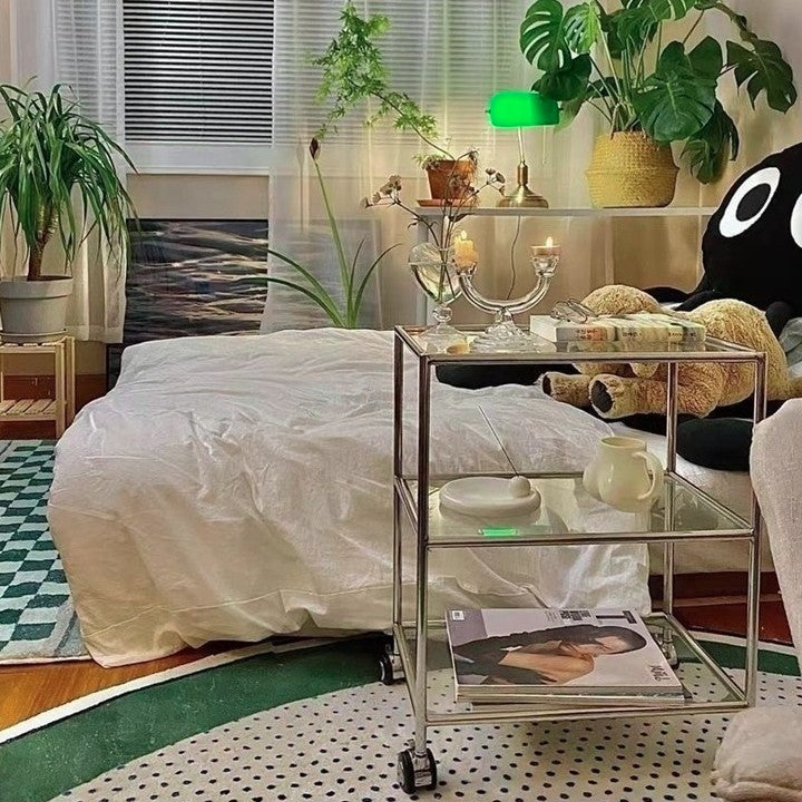 Modern Minimalist Square Rectangular Stainless Steel Glass End Table With Wheels 3-Tier Storage Rack For Living Room