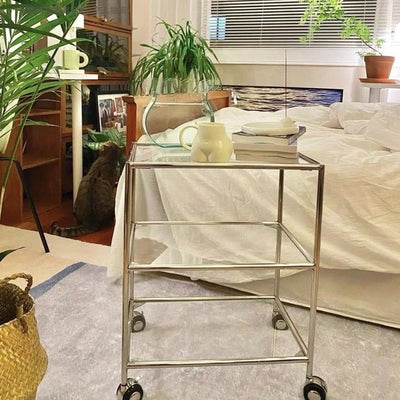 Modern Minimalist Square Rectangular Stainless Steel Glass End Table With Wheels 3-Tier Storage Rack For Living Room