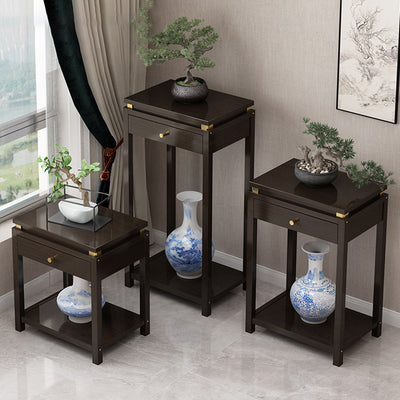 Traditional Chinese Square Rectangular Nan Bamboo Fiberboard End Table 2-Tier Storage Rack For Living Room