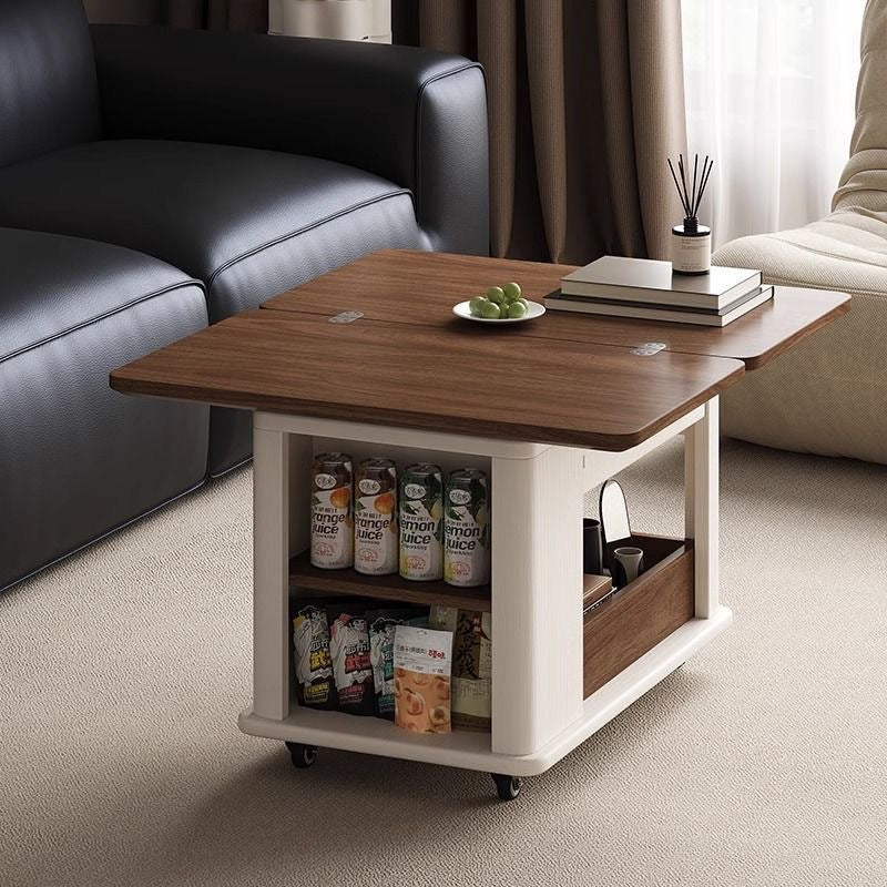 Modern Minimalist Square Rectangular Solid Wood Eco-board Foldable Movable Coffee Table 3-Cabinet For Living Room