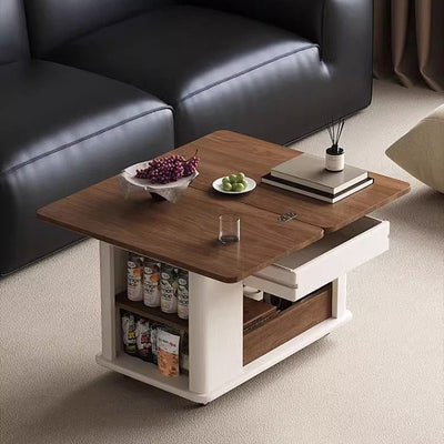 Modern Minimalist Square Rectangular Solid Wood Eco-board Foldable Movable Coffee Table 3-Cabinet For Living Room