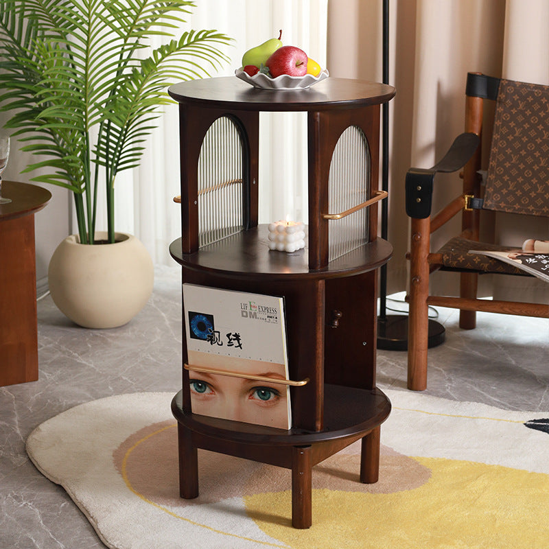 Traditional Chinese Round Rubberwood Aluminum Alloy Rainbow Glass 360° Swivel End Table 3-Tier For Living Room