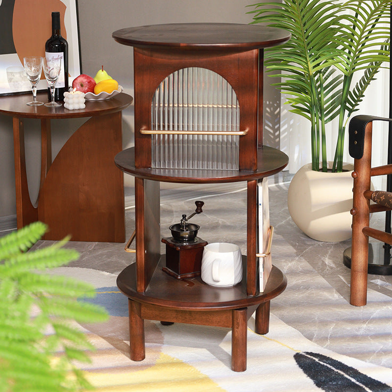 Traditional Chinese Round Rubberwood Aluminum Alloy Rainbow Glass 360° Swivel End Table 3-Tier For Living Room