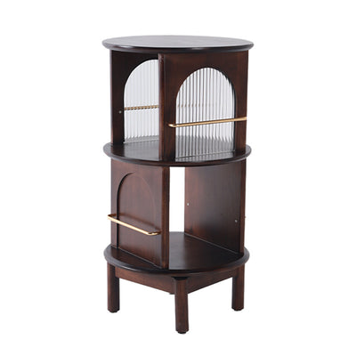 Traditional Chinese Round Rubberwood Aluminum Alloy Rainbow Glass 360° Swivel End Table 3-Tier For Living Room