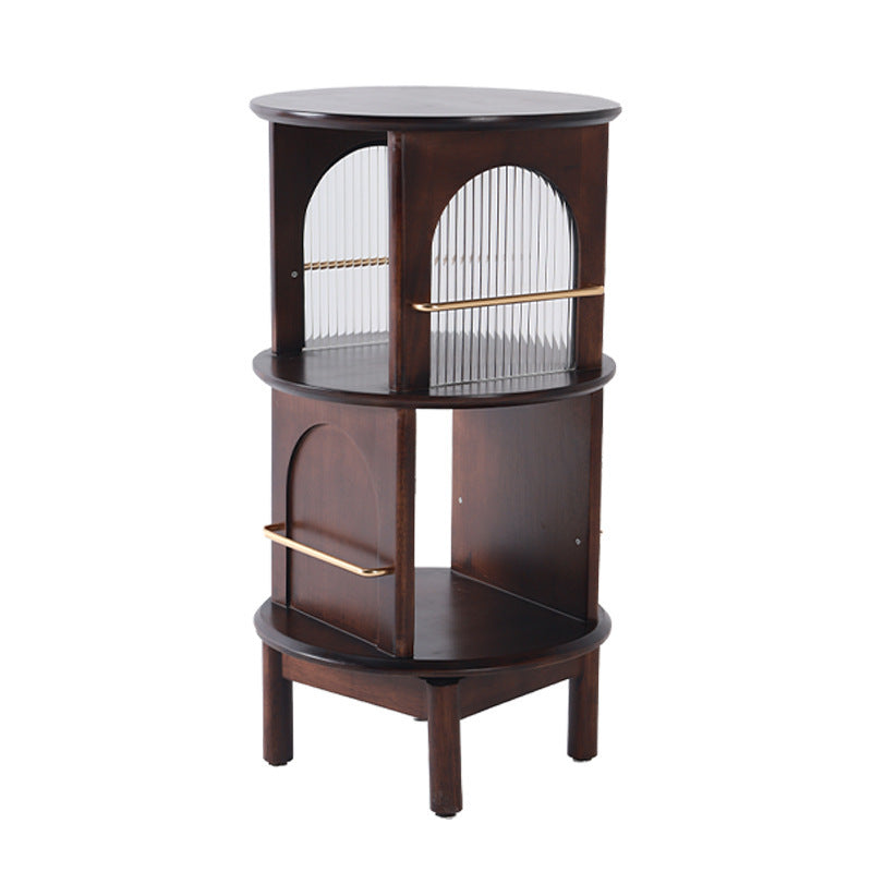 Traditional Chinese Round Rubberwood Aluminum Alloy Rainbow Glass 360° Swivel End Table 3-Tier For Living Room