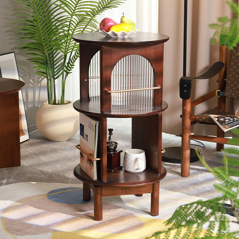 Traditional Chinese Round Rubberwood Aluminum Alloy Rainbow Glass 360° Swivel End Table 3-Tier For Living Room