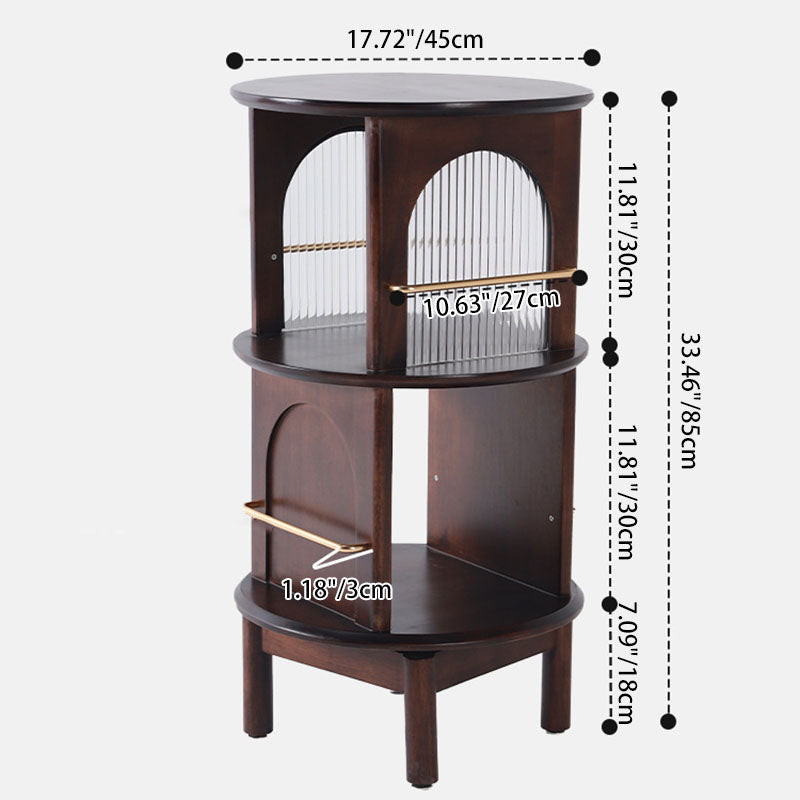 Traditional Chinese Round Rubberwood Aluminum Alloy Rainbow Glass 360° Swivel End Table 3-Tier For Living Room