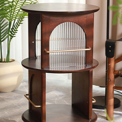 Traditional Chinese Round Rubberwood Aluminum Alloy Rainbow Glass 360° Swivel End Table 3-Tier For Living Room