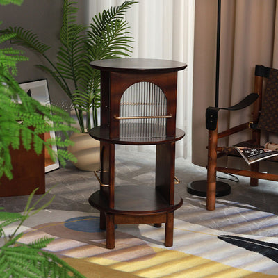 Traditional Chinese Round Rubberwood Aluminum Alloy Rainbow Glass 360° Swivel End Table 3-Tier For Living Room