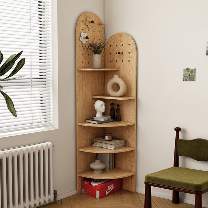 Étagère d'angle à 5 niveaux, design moderne minimaliste en forme d'éventail, panneau écologique E0, pour salon 