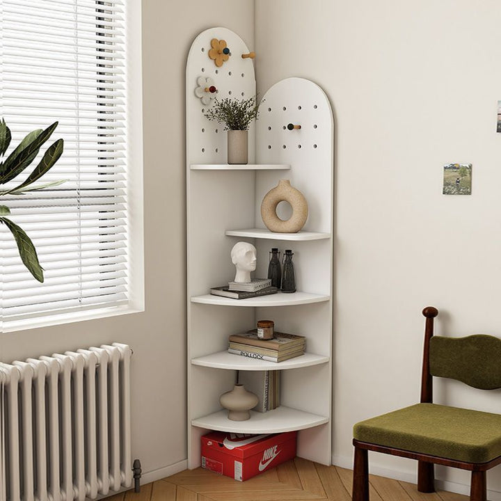 Étagère d'angle à 5 niveaux, design moderne minimaliste en forme d'éventail, panneau écologique E0, pour salon 