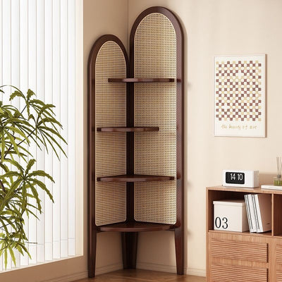 Traditional Chinese Fan-shaped Curved Nan Bamboo Rattan Weaving Corner Shelf Unit 4-Tier For Living Room