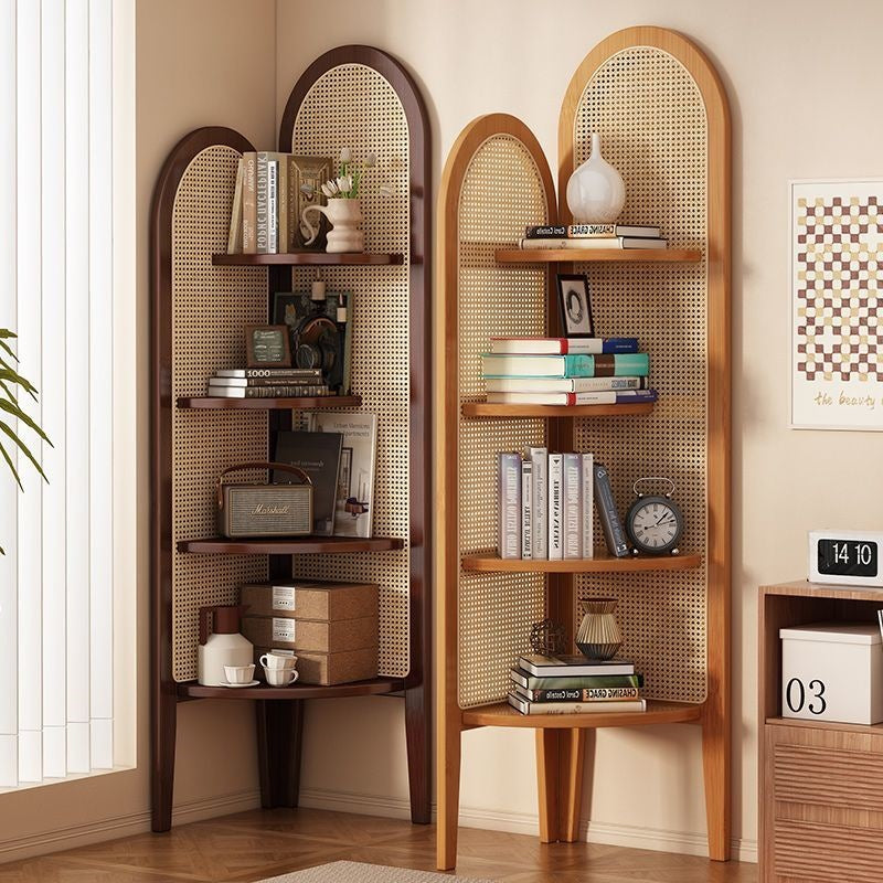 Traditional Chinese Fan-shaped Curved Nan Bamboo Rattan Weaving Corner Shelf Unit 4-Tier For Living Room