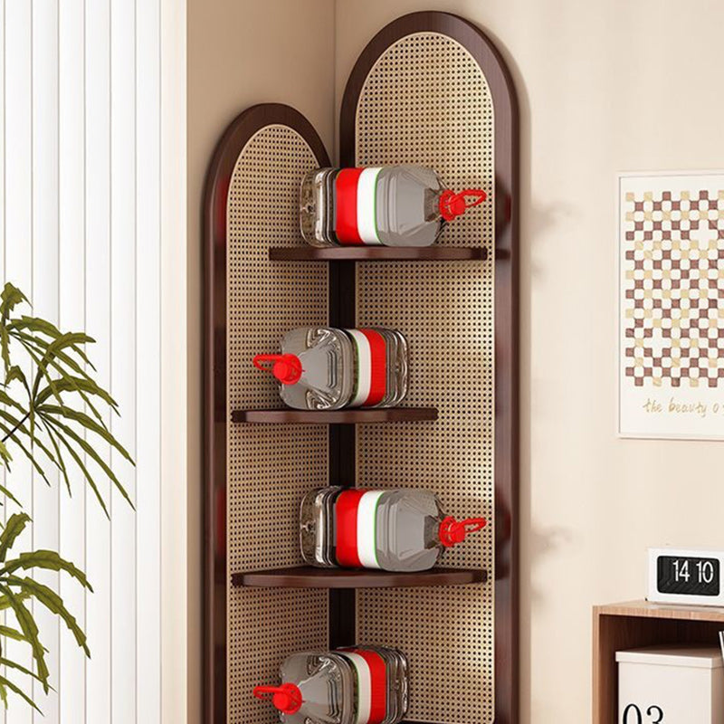 Traditional Chinese Fan-shaped Curved Nan Bamboo Rattan Weaving Corner Shelf Unit 4-Tier For Living Room
