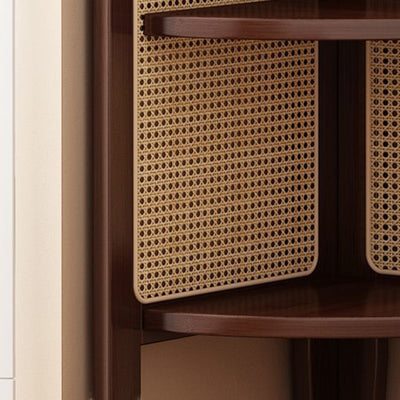 Traditional Chinese Fan-shaped Curved Nan Bamboo Rattan Weaving Corner Shelf Unit 4-Tier For Living Room