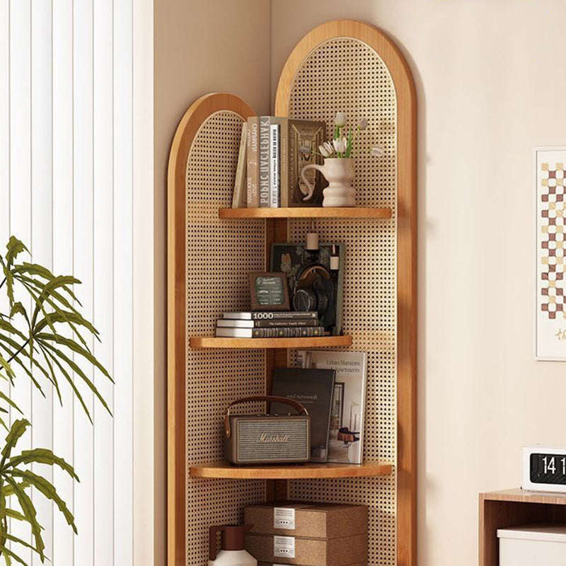 Traditional Chinese Fan-shaped Curved Nan Bamboo Rattan Weaving Corner Shelf Unit 4-Tier For Living Room
