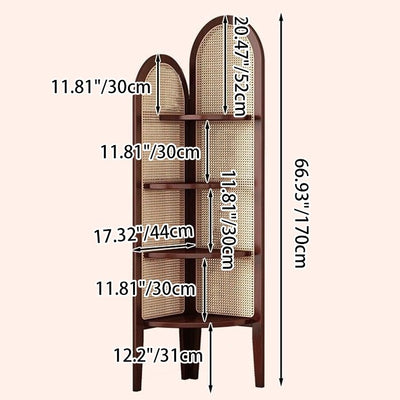 Traditional Chinese Fan-shaped Curved Nan Bamboo Rattan Weaving Corner Shelf Unit 4-Tier For Living Room