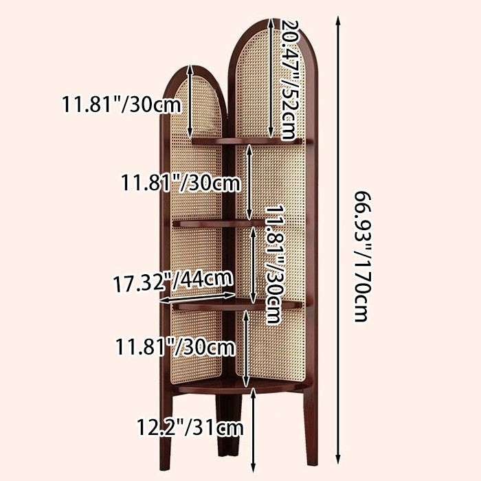 Traditional Chinese Fan-shaped Curved Nan Bamboo Rattan Weaving Corner Shelf Unit 4-Tier For Living Room