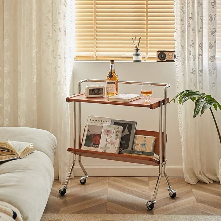 Traditioneller Vintage-Rechteck-Endtisch aus Gummibaumholz und Eisen, beweglich, 2-stufig, für das Wohnzimmer 