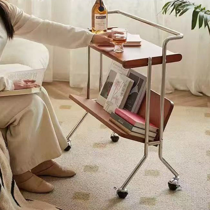 Traditioneller Vintage-Rechteck-Endtisch aus Gummibaumholz und Eisen, beweglich, 2-stufig, für das Wohnzimmer 