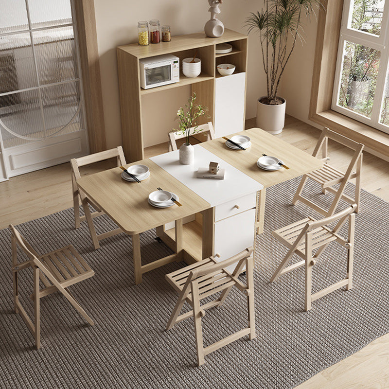 Modern Minimalist Square Rectangular E1 Environmental MDF Solid Wood Movable Foldable Dining Table & Dining Chair Set For 6 Seats