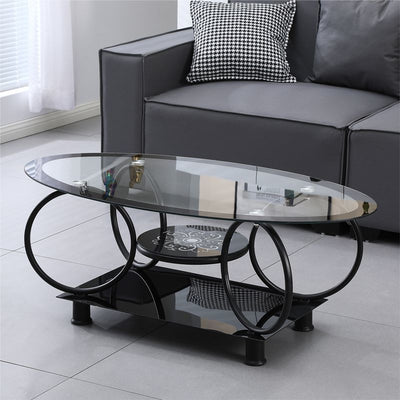 Modern Minimalist Round Ellipse Tempered Glass Galvanized Pipe Coffee Table For Living Room