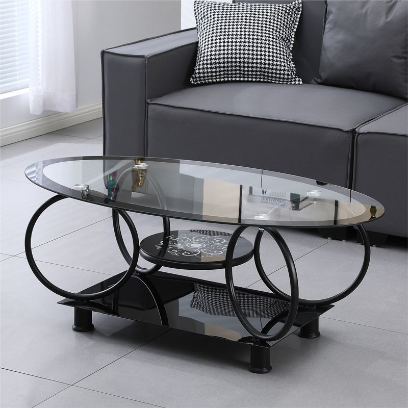 Modern Minimalist Round Ellipse Tempered Glass Galvanized Pipe Coffee Table For Living Room