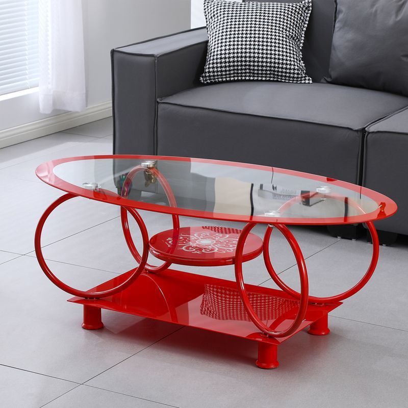 Modern Minimalist Round Ellipse Tempered Glass Galvanized Pipe Coffee Table For Living Room
