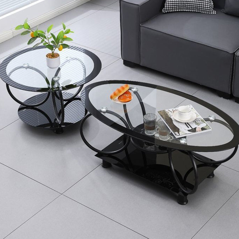 Modern Minimalist Round Ellipse Tempered Glass Galvanized Pipe Coffee Table For Living Room