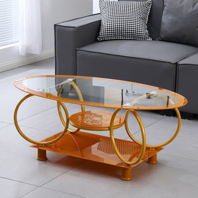 Modern Minimalist Round Ellipse Tempered Glass Galvanized Pipe Coffee Table For Living Room
